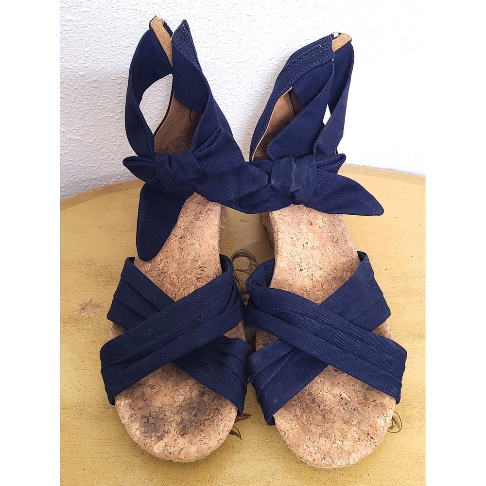 UGG Navy Blue US 9 Fabric Cork Espadrille Ankle‎ Tie Wedge Sandals Quiet Luxury - Picture 2 of 8